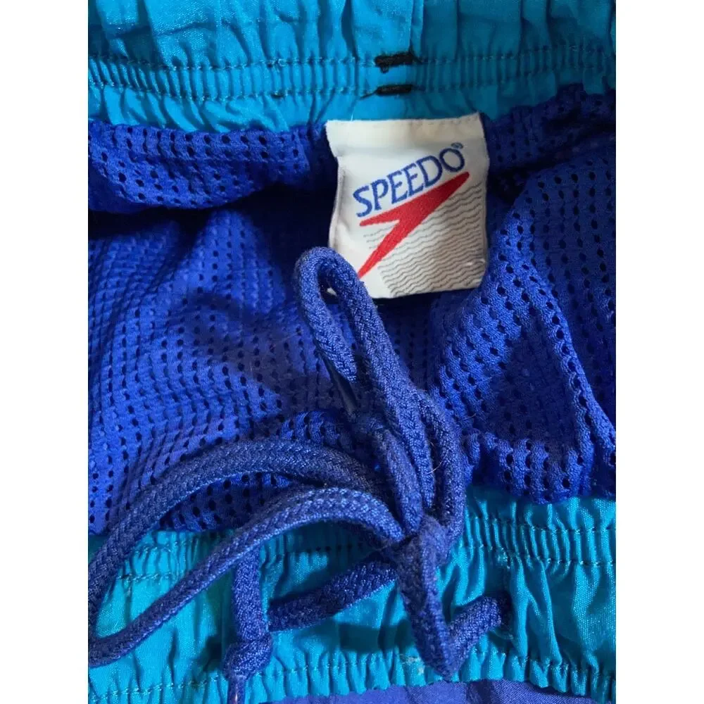 Vintage Speedo Swim Trunks 90s Pocket Mesh Lined Drawstring Blue Black 32